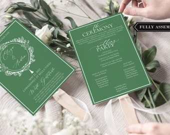 Green Wedding Fan Program, Green Ceremony Program, Green Crest, Assembled Fan Program Wedding, Wedding Programs,