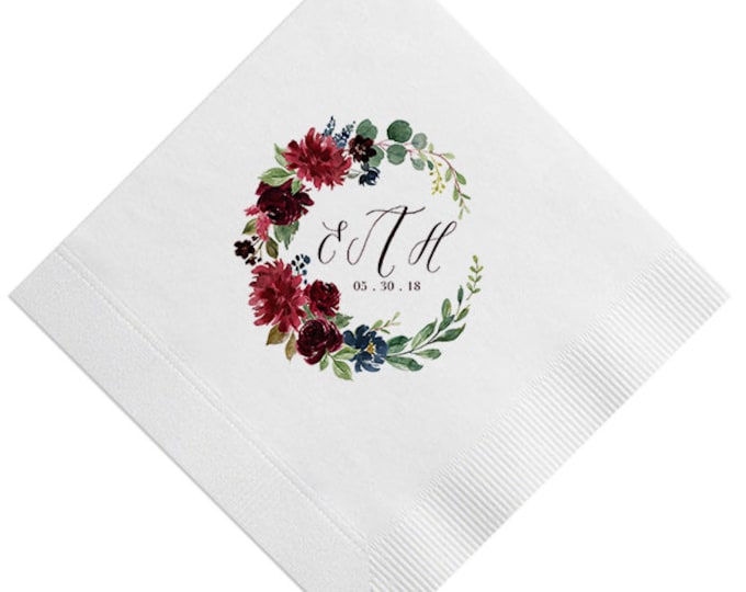 Featured listing image: Custom Floral Monogram & Bouquet Napkins, Personalized with initials, Housewarming Gift, Wedding, Shower, Floral Initials, Flower 354