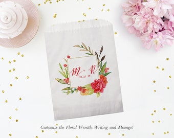 Set of 25 Personalized Custom Monogram Floral Wedding Favor Treat Bags - Candy Buffet, Donuts, Cookies, Popcorn - Wedding, Bridal