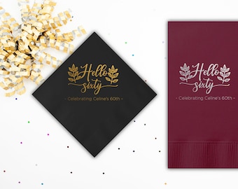 Hello Sixty Black w/Metallic Gold Foil Cocktail Beverage Napkins 3 Ply Happy Birthday 60th Hello 60 Metallic Gold Foil -