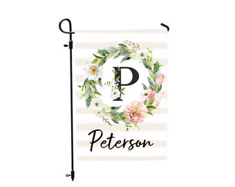 Personalized Monogram Wreath Garden Flags Buffalo Plaid Garden Flag Decoration Farmhouse Yard Flag, Floral Wreath flag with name