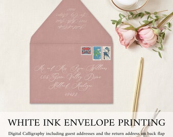 A7 Euro Flap Envelopes and Printing, Wedding Envelopes, Printed Guest & Return Address Envelope Calligraphy, White Ink, Color Envelopes