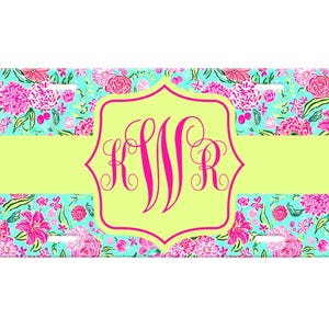 Personalized License Plate - Personalized License Plate Frame - Pink Green Flowers Car Tag-Car Tag Frame-License Plate Frame
