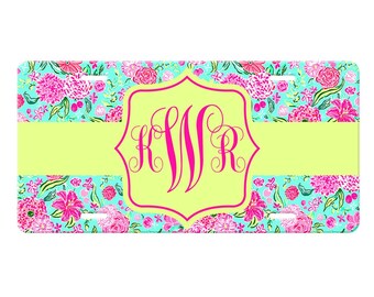 Personalized License Plate - Personalized License Plate Frame - Pink Green Flowers Car Tag-Car Tag Frame-License Plate Frame