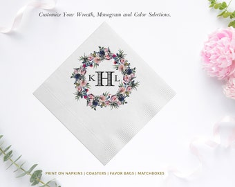 Monogram Wreath Personalized Wedding Napkins, Rehearsal Dinner, Engagement Party, Custom Bar Napkins, Custom Wedding Napkins