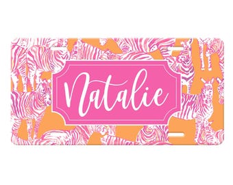 Car Accessories for Women, Lilly Inspired Front License Plate. Lily Inspired License Plate Frame, Seat Belt Cover, Pink Zebra