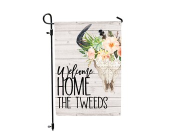 Farmhouse Welcome Garden Flag, Rustic Cow Skull Checkered Yard Flag, Farmhouse Decor, Western Flag with name