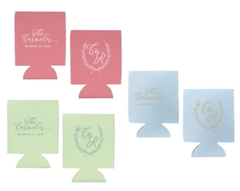 Elegant Can Coolers, Script Name & Laurel Design, Wedding Drink Huggers, Pastel Colors, 12 oz