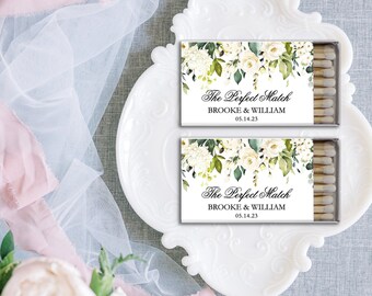 White Green Flower Wedding Matches, Perfect Match Matchboxes, Wedding Favors, Bridal Shower Favor,  White Floral Matches-Set of 50