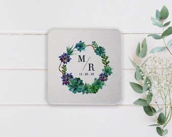 Personalized Wedding Coasters, Greenery Succulent Wedding Coaster, Wedding Favors, Reception Table Setting Decor, Bridal Shower Favors