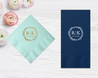 Wedding Napkins Custom Initials with Delicate Budding Wreath - Wedding Napkins, Wedding Decor, Foil Stamped Napkins, Reception Decoration