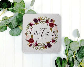 Personalized Wedding Coasters, Burgundy Floral Wedding Coaster, Wedding Favors, Reception Table Setting Decor, Rehearsal Dinner