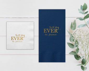 Custom Best Day Ever Wedding Reception Cocktail Napkins, Personalized Cake Table Napkins, Printed Cocktail Hour Beverage Napkin, Party Decor