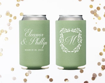 Custom Wedding Can Coolers, Personalized Floral Wreath Wedding Favor Can Cooler, Monogrammed Can Holder, Wedding Reception Favor