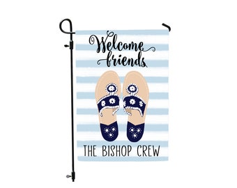 Personalized Monogram Summer Garden Flags Sandals Garden Flag Decoration Farmhouse Yard Flag, Welcome Friends name flag