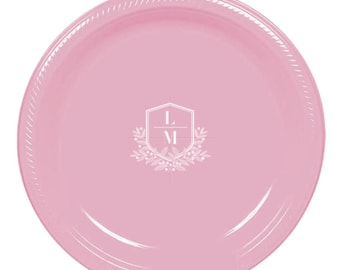Monogram Crest Plastic Plates, Personalized Disposable Wedding Plates, Pink Custom Party Plates, Multiple Sizes, Cake Plate, Appetizer