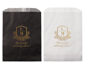 Crest Monogram Treat Bags, Personalized Wedding Favor Bags, Wax-Lined & Food-Safe, Custom Thank You, Candy Buffet Bag, Dessert Bag