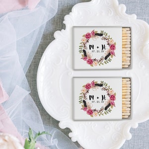 Personalized Floral Wedding Matchboxes - Custom Wedding Favor Floral, Watercolor Matches for Wedding, Pink Floral