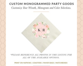 Wedding Greenery Beverage Napkin Ivory Cocktail Napkins Personalized Paper Napkins, Watercolor Greenery 3 Ply Napkins