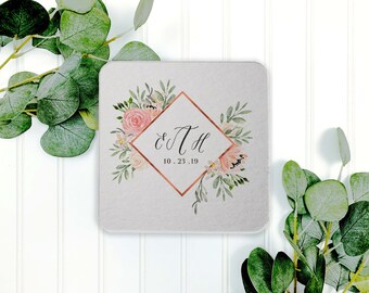 Personalized Peach Nude Flower Wedding Coasters - Custom Wedding Drink Coasters - Personalized Watercolor nude Floral Reception Decor