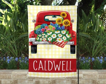 Welcome Spring Flag, Red Pickup Truck Garden Flag, Personalized Garden Flag, Spring Floral Garden Flag, 12x18 Spring Garden Flag