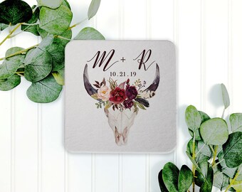 Personalized Antler Wedding Coasters, Rustic Floral Wedding Coaster, Wedding Favors, Reception Table Setting Decor, Spring Wedding, Summer