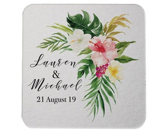 Personalized Tropical Wedding Coasters, Leaf Floral Wedding Coaster, Wedding Favors, Reception Table Setting Decor, Spring Wedding, Summer