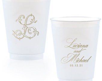 Personalized Party Cups - 12oz Plastic Frost Flex Cups - Date Wreath with Initials - Custom Party Cups, Engagement Party, Wedding Favor