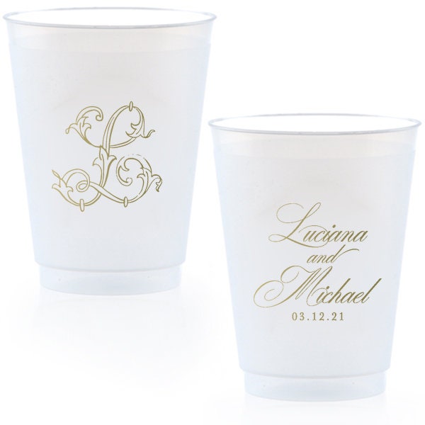 Personalized Party Cups - 12oz Plastic Frost Flex Cups - Date Wreath with Initials - Custom Party Cups, Engagement Party, Wedding Favor