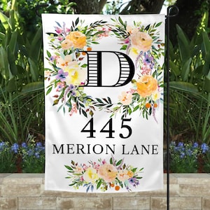 Initial Address Flag, Garden Flag with Floral Design, Outdoor Welcome Flag, Floral Wreath Garden Flag, Monogram Garden Flag