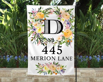 Initial Address Flag, Garden Flag with Floral Design, Outdoor Welcome Flag, Floral Wreath Garden Flag, Monogram Garden Flag