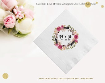 Mongrammed Eucalyptus Napkins, Botanical Custom Foliage Wedding Napkins, Leaf Cocktail Napkins, Personalized Monogram Reception Napkins,