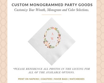 Monogram Wreath Personalized Wedding Napkins, Rehearsal Dinner, Engagement Party, Custom Bar Napkins, Custom Wedding Napkins