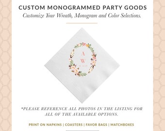 Monogram Wreath Personalized Wedding Napkins, Rehearsal Dinner, Engagement Party, Custom Bar Napkins, Custom Wedding Napkins