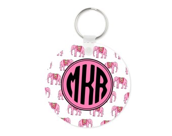 Elephant Monogram Key Chain, Initial keychain, round keychain, personalized gift, gift for her