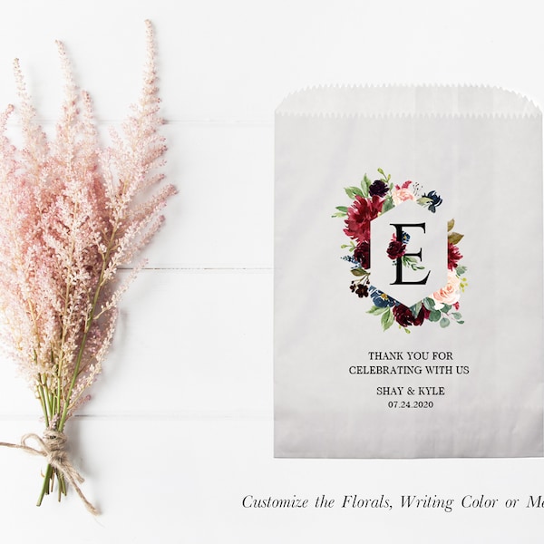 Floral Initial Wedding Favor Bags, Wedding Welcome Bags, Wedding Favors, Wedding Favor Bags for Candy, Personalized Wedding Favor Bag