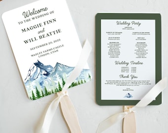 Watercolor Mountain Wedding Program Fan, Elegant Forest Ceremony, Rustic Pine Order of Service, Personalized & Assembled Fan Wedding Program