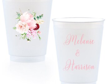 Personalized Cups, Custom Printed Frosted Cups, Shatterproof, Frost Flex, Personalized Plastic Party Cups, Wedding Cups, Pink Peony Wedding