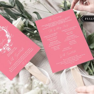 Coral Hochzeitsprogramm Fächer mit Holzstäben, Pfirsich Hochzeitsprogramme, Dekor, gedruckte Fächer, enthält Sticks, montiert