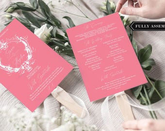 Coral Wedding Program Fans with Wooden Sticks, Peach Wedding Programs, Decor, Printed Fans, Includes Sticks, Assembled