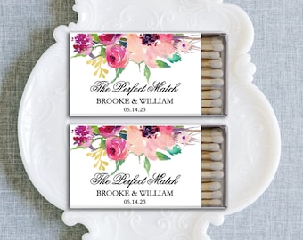 Pink Watercolor Flower Wedding Matches, Perfect Match Matchboxes, Wedding Favors, Bridal Shower Favor,  Pink Purple Floral Matches-Set of 50