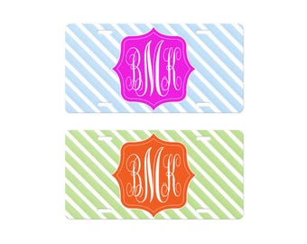 Monogram Tag Matching Plate Frame cute front license plate for vehicle tag personalized initials plate preppy car accessories - Candy Stripe