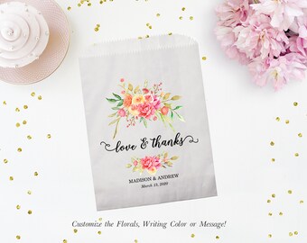 Love and Thanks Set of 25 Personalized Custom Pink Floral Wedding Favor Treat Bags - Candy, Donuts, Cookies, Popcorn - Wedding, Bridal