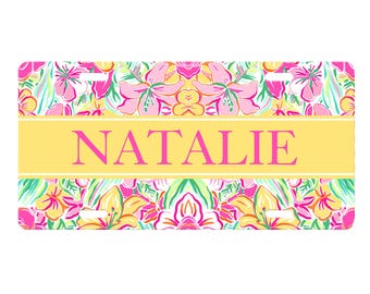 Personalized License Plate - Personalized License Plate Frame - Pink Green Flowers Car Tag-Car Tag Frame-License Plate Frame Pink and Yellow