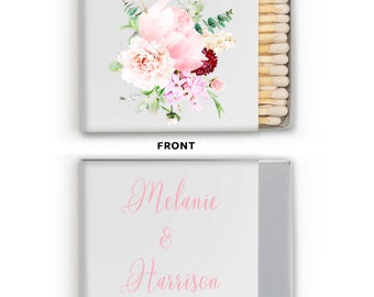 Pink Peony Wedding Matches, Custom Wedding Favor, Peony Wreath Monogram Matchboxes, Wedding Matches