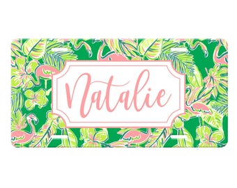 Preppy Floral Personalized License Plate, Rainbow Flowers Custom CarTag for Women, License Plate Frame, Car Coasters, Monogram License Plate