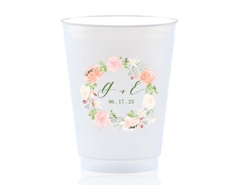 Custom Watercolor Monogram Full Color Shatterproof Cups, Nude florals, Wedding Monogram Frost Flex Cups, Full Color Wedding Cups All Flowers