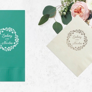 Custom Floral Crest Wedding Napkins, Rehearsal Dinner, Engagement Party, Custom Bar Napkins, Custom Wedding Napkins, Laurel Wreath Monogram