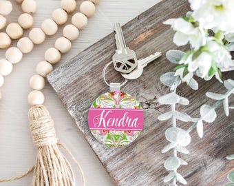 Circle Monogram Keychain, Pink Floral Keychain, Personalized Key Chain, Personalized Keychain, Monogrammed Keychain, Round Keychain