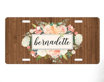 Personalized License Plate-Personalized License Plate Frame- Peach Flowers Car Tag-Car Tag Frame-License Plate Frame- Peach Floral Car Tag